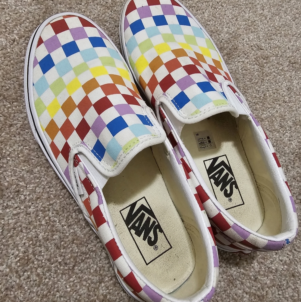 Women's Rainbow Checkered Van's Slip Ons